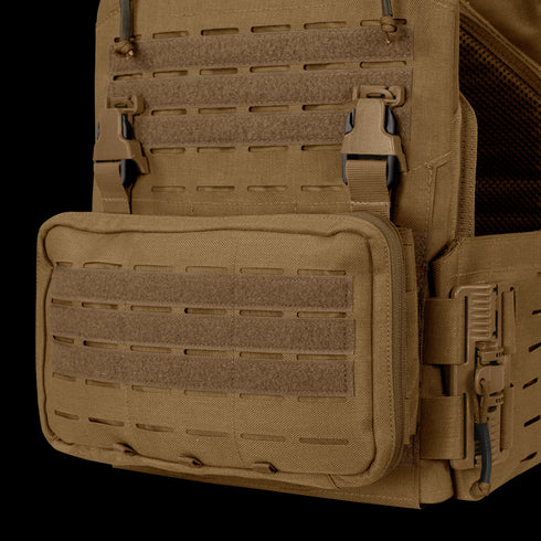Close-up of the Condor Stowaway Chest Rig in tan, designed for law enforcement and first responders with a large front pouch, laser-cut MOLLE webbing, and adjustable straps.